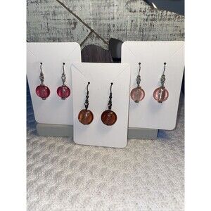 Vintage Lot of 3 Pink Brown Silver Glass Beads Earrings
